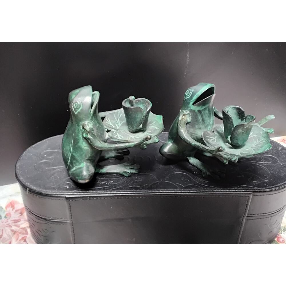 PAIR OF Brass Candlesticks Green Frogs Tapered Candles Verdigri Finish